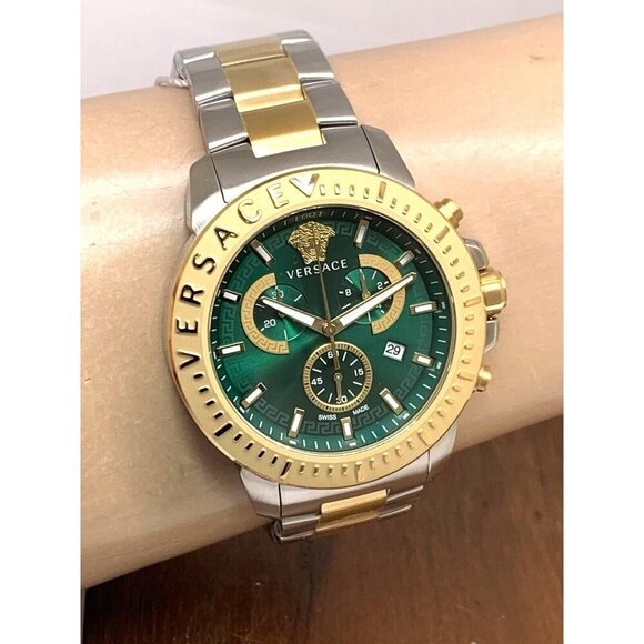 Versace Men's Watch VE2E00421 Swiss Quartz Chronograph Green Dial Two Tone Steel - Picture 12 of 15